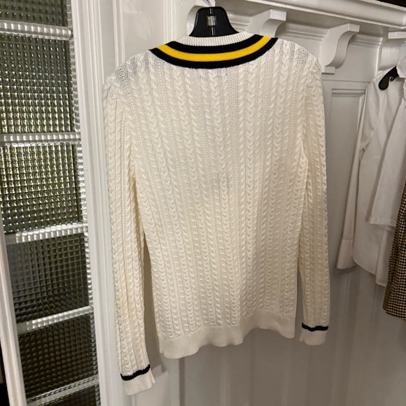 Ralph Lauren Women’s Cable-Knit  V-Neck Sweater White Navy/yellow Trim Sz M - Picture 5 of 16